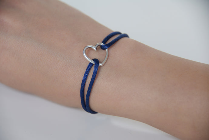 Dark Blue Satin Silver Heart