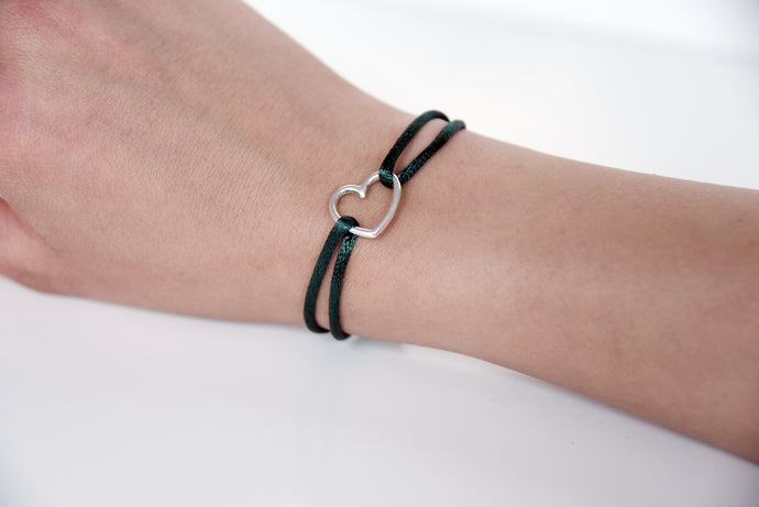 Dark Green Satin Silver Heart